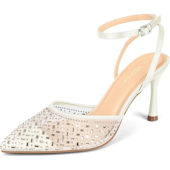 Women's White Mesh Sparkly Rhinestones Cienna High Heels Stiletto Pumps Shoes - Picture 1 of 6